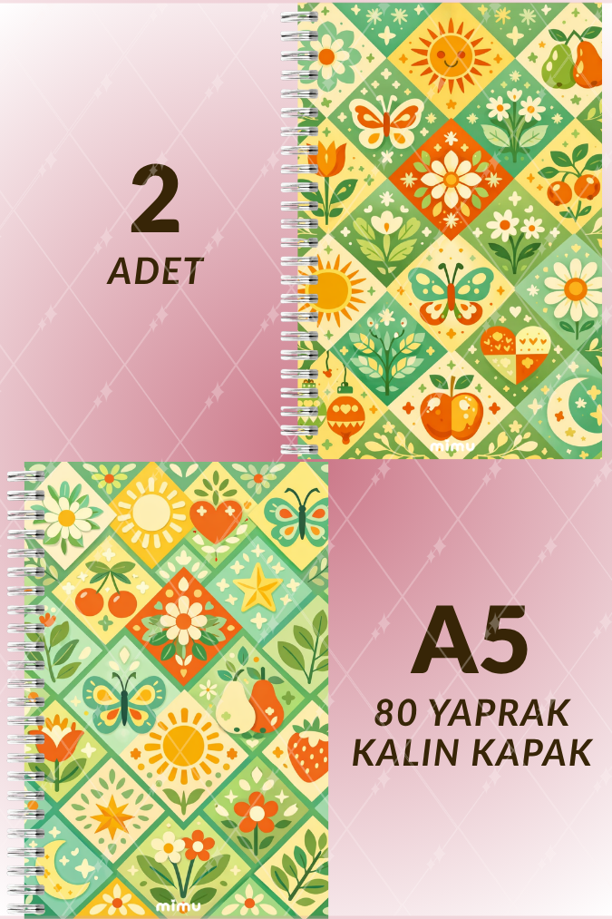 Güneş Meyve Motifli Spiral Defter Seti Yeşil Çiçek Desenli 2li A5 Kalın Kapak Not Defteri