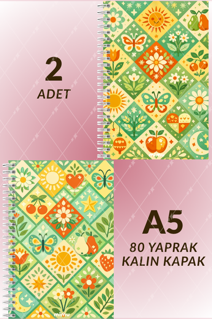 Güneş Meyve Motifli Spiral Defter Seti Yeşil Çiçek Desenli 2li A5 Kalın Kapak Not Defteri