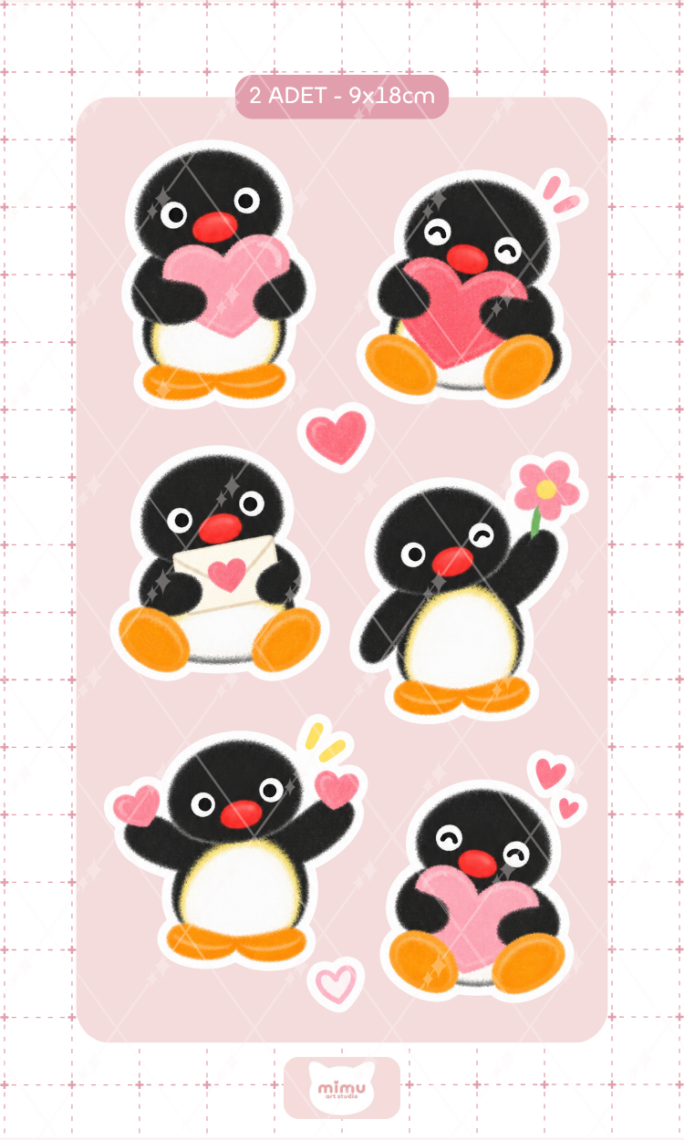 Pingu Sevgi Dolu Sticker Seti Kalp Temalı Penguen Dekoratif Etiket 2 Adet