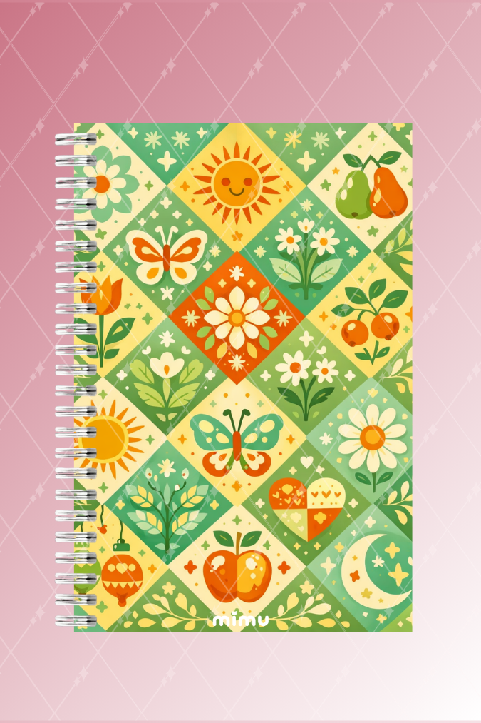 Güneş Meyve Motifli Spiral Defter Seti Yeşil Çiçek Desenli 2li A5 Kalın Kapak Not Defteri