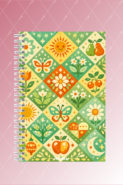 Güneş Meyve Motifli Spiral Defter Seti Yeşil Çiçek Desenli 2li A5 Kalın Kapak Not Defteri