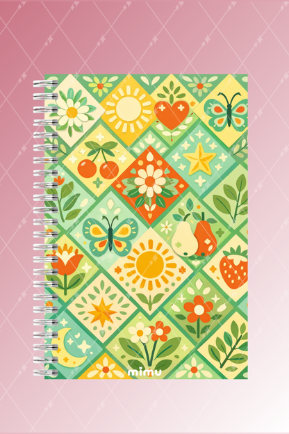 Güneş Meyve Motifli Spiral Defter Seti Yeşil Çiçek Desenli 2li A5 Kalın Kapak Not Defteri