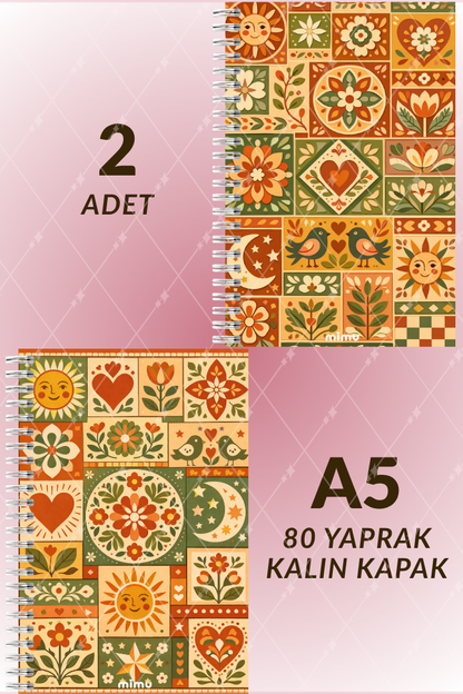 Çiçek Kuş Motifli Spiral Defter Seti Tarçın Turuncu Folk Desenli 2li A5 Kalın Kapak Not Defteri