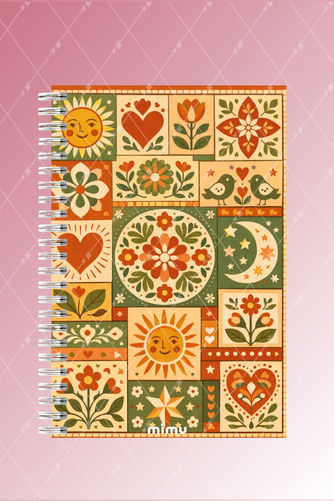 Çiçek Kuş Motifli Spiral Defter Seti Tarçın Turuncu Folk Desenli 2li A5 Kalın Kapak Not Defteri