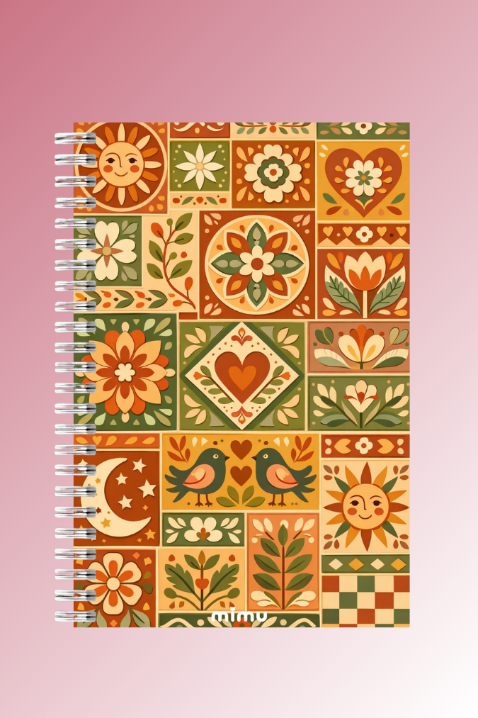 Çiçek Kuş Motifli Spiral Defter Seti Tarçın Turuncu Folk Desenli 2li A5 Kalın Kapak Not Defteri
