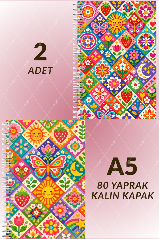 Kelebek Güneş Motifli Spiral Defter Seti Renkli Çiçek Desenli 2li A5 Kalın Kapak Not Defteri