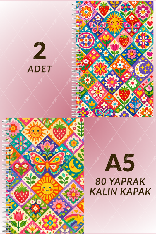 Kelebek Güneş Motifli Spiral Defter Seti Renkli Çiçek Desenli 2li A5 Kalın Kapak Not Defteri