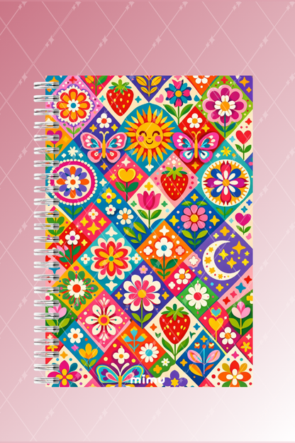 Kelebek Güneş Motifli Spiral Defter Seti Renkli Çiçek Desenli 2li A5 Kalın Kapak Not Defteri