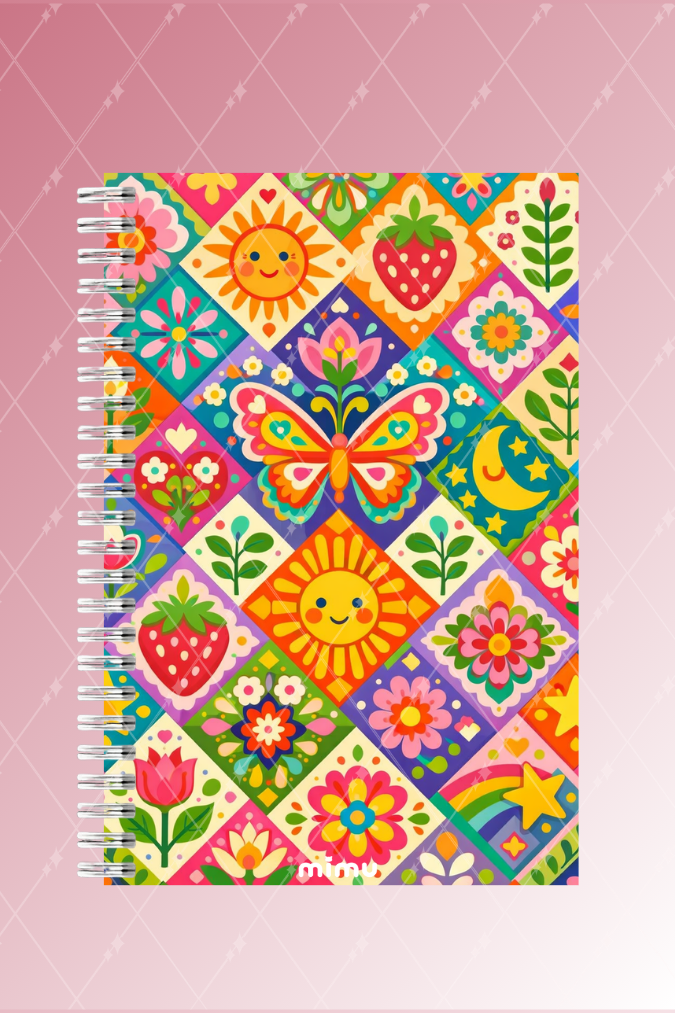 Kelebek Güneş Motifli Spiral Defter Seti Renkli Çiçek Desenli 2li A5 Kalın Kapak Not Defteri
