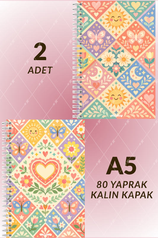 Kalp Güneş Motifli Spiral Defter Seti Pastel Çiçek Desenli 2li A5 Kalın Kapak Not Defteri