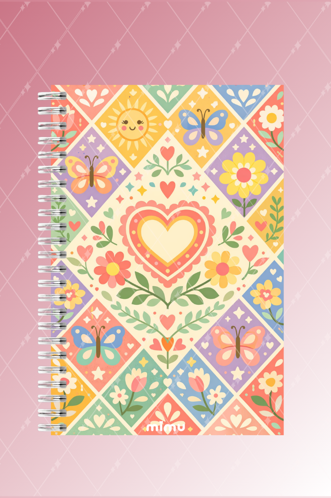 Kalp Güneş Motifli Spiral Defter Seti Pastel Çiçek Desenli 2li A5 Kalın Kapak Not Defteri