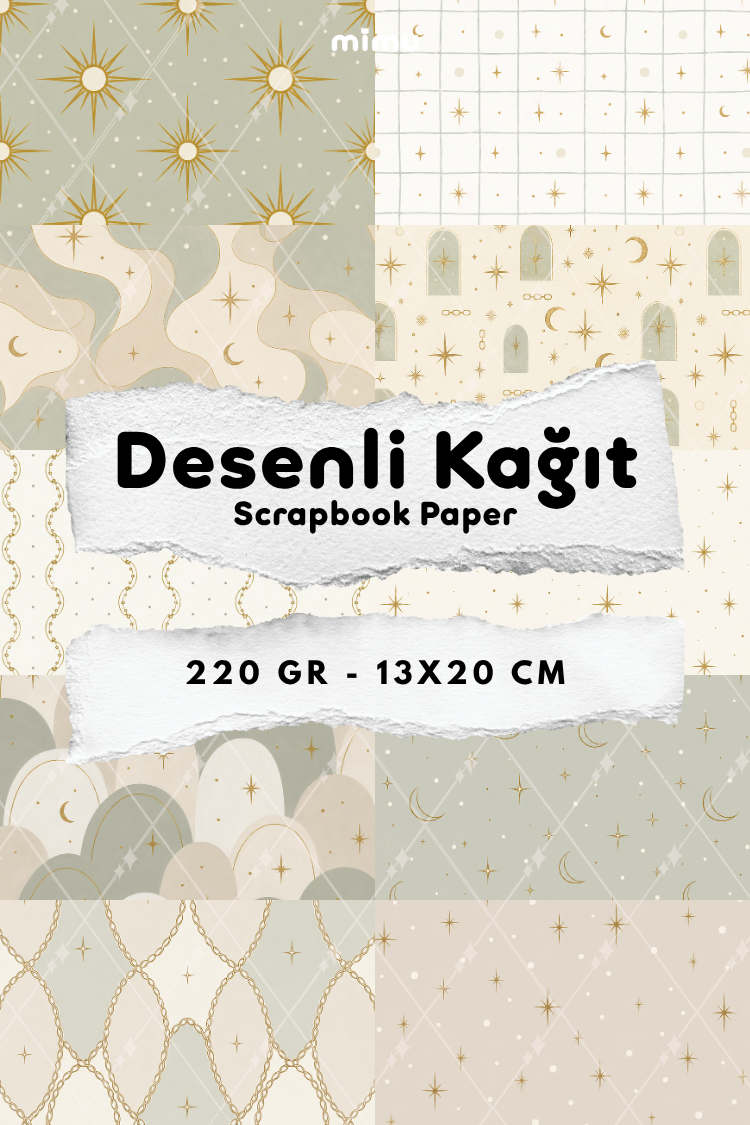 Altın Ay Güneş Yıldız Zincir Desenli Kağıt Seti Scrapbook Kağıdı (220 gr) Ajanda Günlük Kolaj Junk Journal Bullet Journal Kağıtları