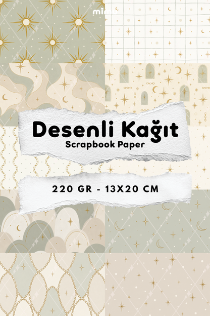 Altın Ay Güneş Yıldız Zincir Desenli Kağıt Seti Scrapbook Kağıdı (220 gr) Ajanda Günlük Kolaj Junk Journal Bullet Journal Kağıtları