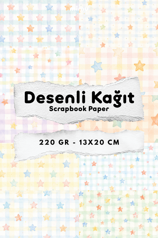 Renkli Yıldız Ekose Pötikare Desenli Kağıt Seti Scrapbook Kağıdı (220 gr) Ajanda Günlük Kolaj Junk Journal Bullet Journal Kağıtları