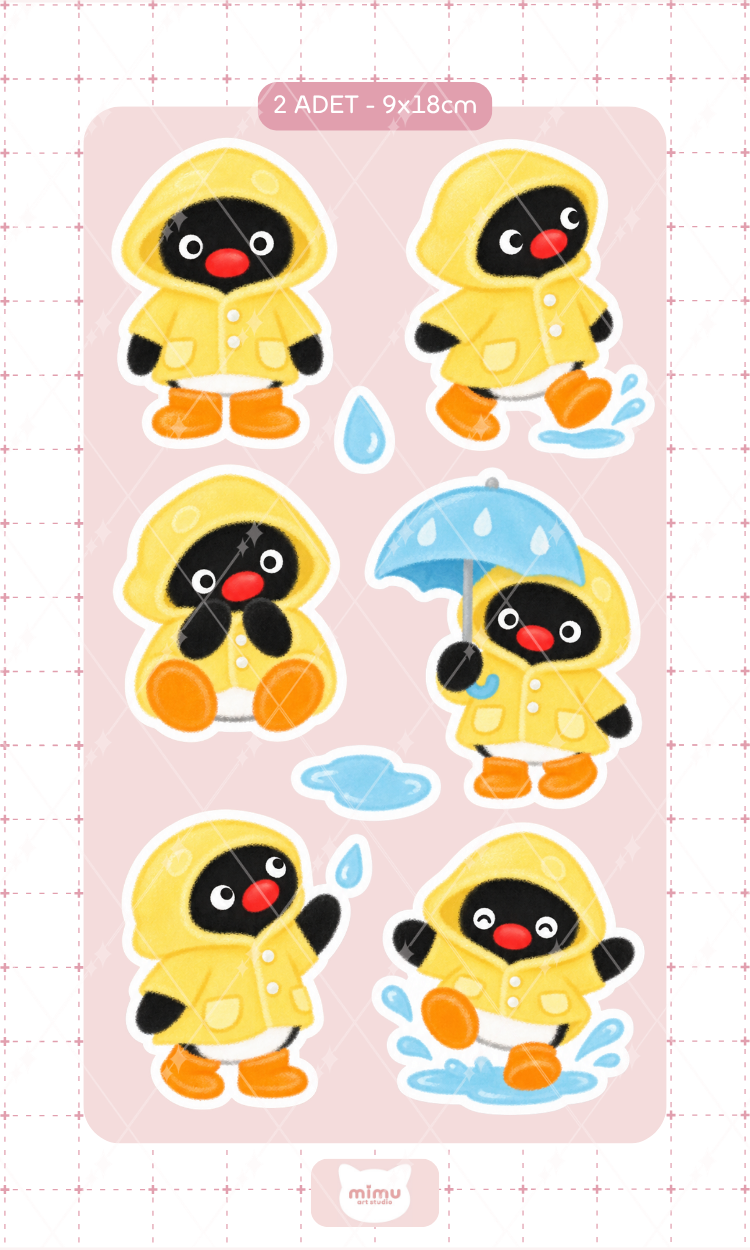 Pingu Yağmurlu Gün Sticker Seti Sarı Yağmurluklu Penguen Dekoratif Etiket 2 Adet