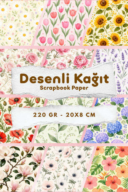Desenli Kağıt Seti Scrapbook Kağıdı (220 gr) Ajanda Kolaj Junk Journal Bullet Journal Kağıtları