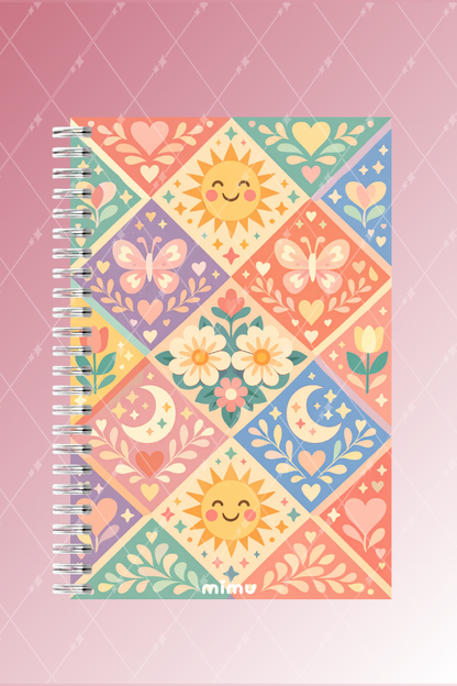 Kalp Güneş Motifli Spiral Defter Seti Pastel Çiçek Desenli 2li A5 Kalın Kapak Not Defteri