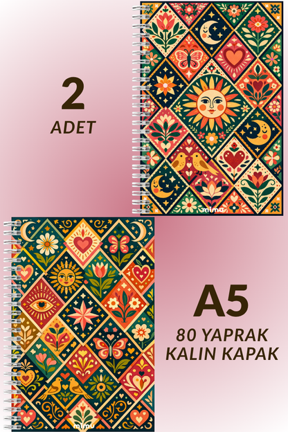 Güneş Ay Motifli Spiral Defter Seti Lacivert Çiçek Kalp Desenli 2li A5 Kalın Kapak Defter