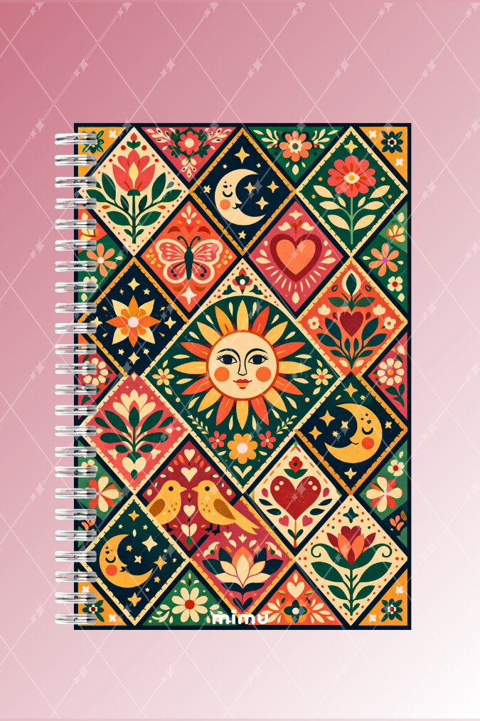 Güneş Ay Motifli Spiral Defter Seti Lacivert Çiçek Kalp Desenli 2li A5 Kalın Kapak Defter