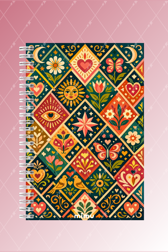 Güneş Ay Motifli Spiral Defter Seti Lacivert Çiçek Kalp Desenli 2li A5 Kalın Kapak Defter