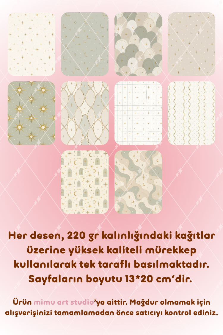 Altın Ay Güneş Yıldız Zincir Desenli Kağıt Seti Scrapbook Kağıdı (220 gr) Ajanda Günlük Kolaj Junk Journal Bullet Journal Kağıtları