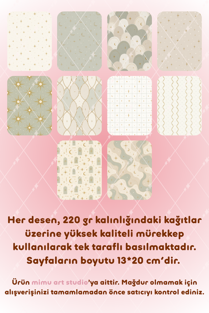 Altın Ay Güneş Yıldız Zincir Desenli Kağıt Seti Scrapbook Kağıdı (220 gr) Ajanda Günlük Kolaj Junk Journal Bullet Journal Kağıtları