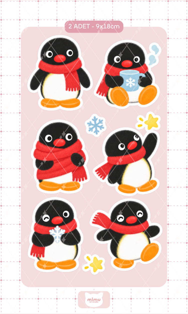 Pingu Kırmızı Atkılı Kış Sticker Seti Penguen Temalı Dekoratif Etiket 2 Adet