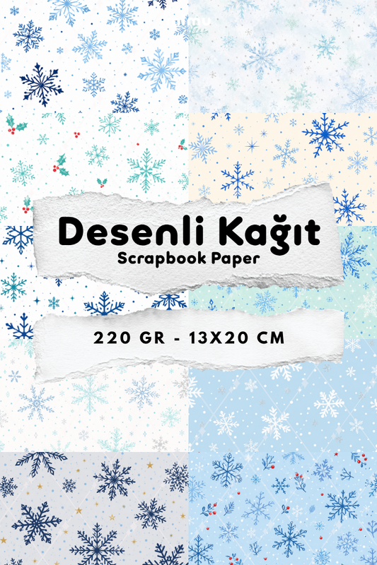 Kar Tanesi Buz Kristali Kış Noel Yılbaşı Desenli Kağıt Seti Scrapbook Kağıdı (220 gr) Ajanda Günlük Kolaj Junk Journal Bullet Journal Kağıtları