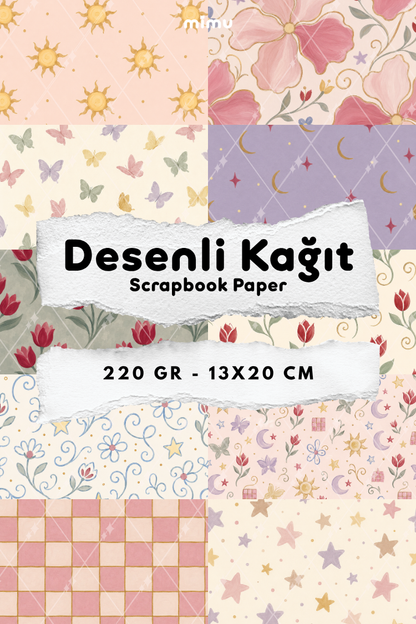 Çiçek Lale Kelebek Güneş Ay Yıldız Desenli Kağıt Seti Scrapbook Kağıdı (220 gr) Ajanda Günlük Kolaj Junk Journal Bullet Journal Kağıtları