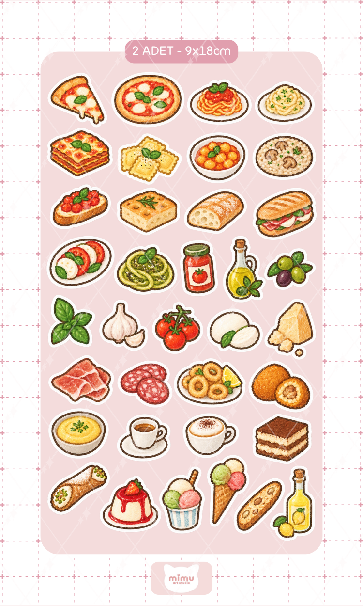 İtalyan Yemeği Sticker Seti Yiyecek Temalı Dekoratif Etiket 2 Adet