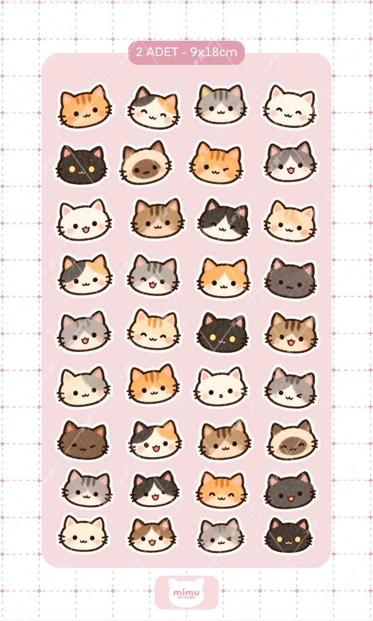 Kedi Kafaları Sticker Seti Kedi Temalı Dekoratif Etiket 2 Adet
